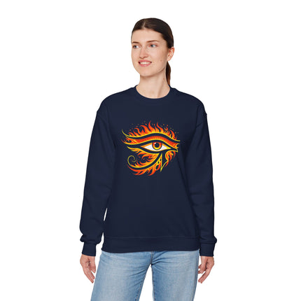 Dark sweatshirt featuring a fiery Eye of Ra graphic, symbolizing ancient Egyptian mythology and power.