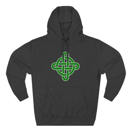 Green Celtic knot cross graphic on a black pullover hoodie.