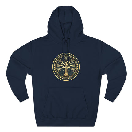 Norse Yggdrasil World Tree of Life graphic print on a dark hoodie.