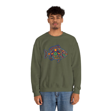 Vibrant Mexican folk art fish graphic on a green sweatshirt.