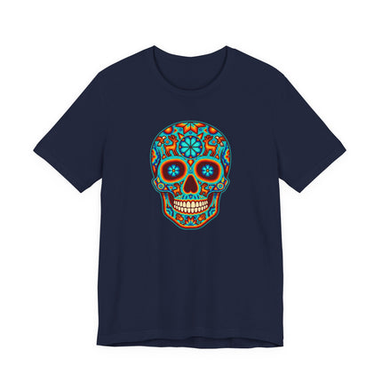 Colorful Huichol sugar skull graphic tee for Día de los Muertos Mexican art.