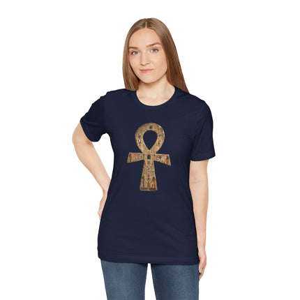 Navy t-shirt featuring a detailed golden Ankh symbol and ancient Egyptian hieroglyphs.