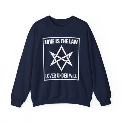 Love Is The Law sweatshirt featuring the Babalon heptagram symbol and esoteric Thelema text.