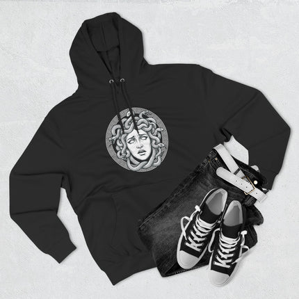 Medusa Gorgon graphic hoodie featuring snake hair and an ancient Greek key pattern design.