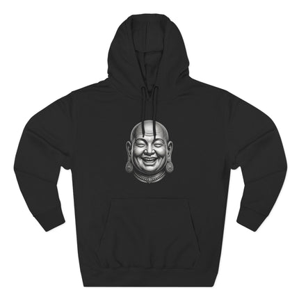 Grayscale laughing Buddha head design on a black unisex pullover hoodie.