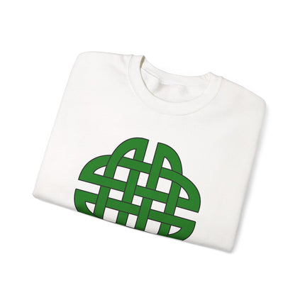 Green shield knotwork graphic on a white unisex pullover sweatshirt.