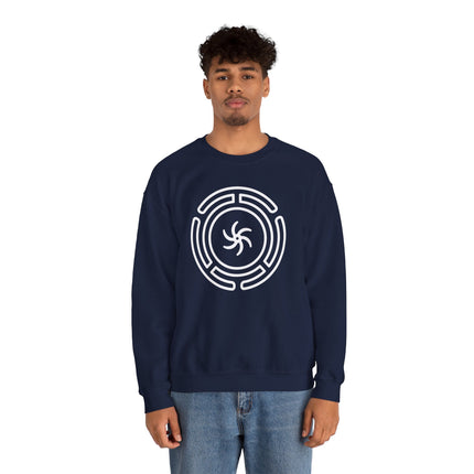 Hekate's Wheel symbol graphic on a navy blue unisex sweatshirt.
