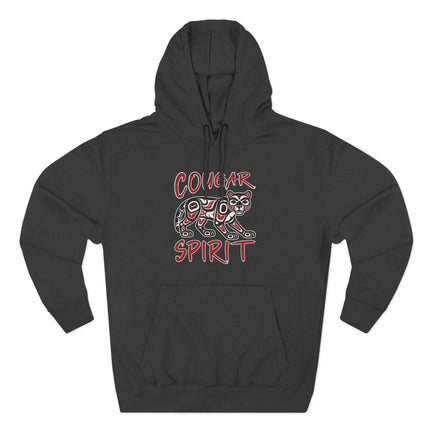 Cougar Spirit mountain lion graphic on a black hoodie, featuring tribal Indigenous art design.