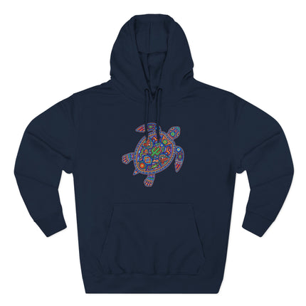 Mexican Huichol tribal art turtle design on a dark blue pullover hoodie.