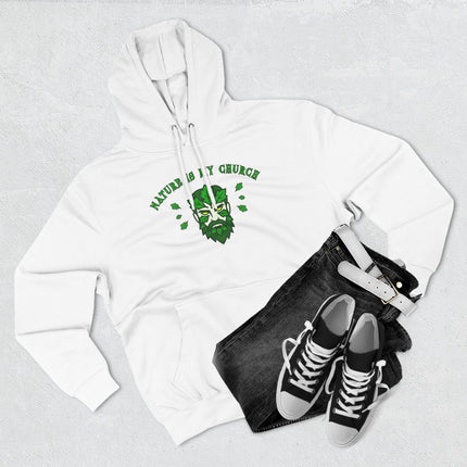 Nature Is My Church hoodie featuring a Green Man graphic for pagan spiritual wear.