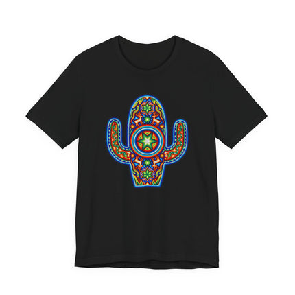 Colorful Huichol Mexican art cactus graphic tee on black shirt.
