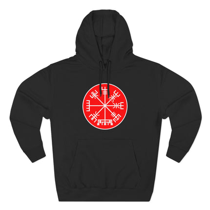 Norse Vegvisir Viking compass symbol on black hoodie. Pagan apparel.