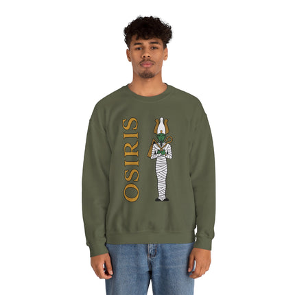 Osiris Egyptian god graphic on a green sweatshirt, featuring ancient mythology art.