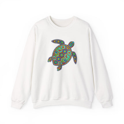 Colorful Huichol art sweatshirt featuring geometric Mexican folk style turtle design.