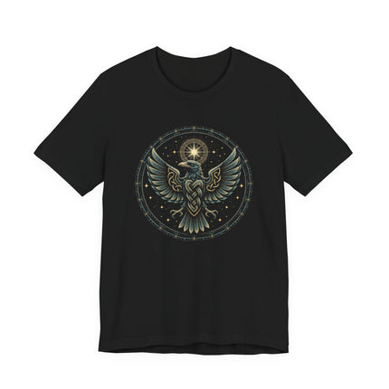 Norse raven graphic tee with celestial compass and Celtic knot design.