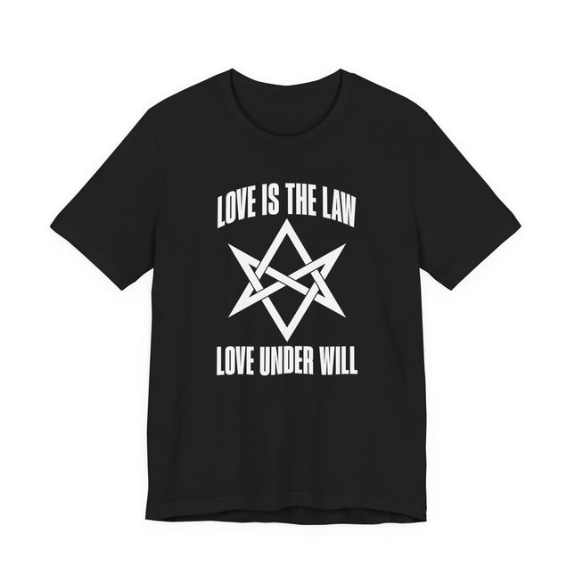 Love Is The Law t-shirt featuring the Unicursal Hexagram symbol and occult text.
