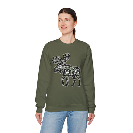 Northwest Coast Formline Art moose graphic on a casual pullover sweatshirt.
