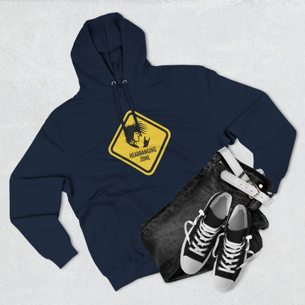 Dark blue hoodie with a yellow 'Headbanging Zone' warning sign graphic for rock music fans.