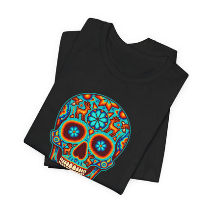 Colorful Mexican sugar skull calavera graphic tee featuring intricate Huichol folk art pattern.