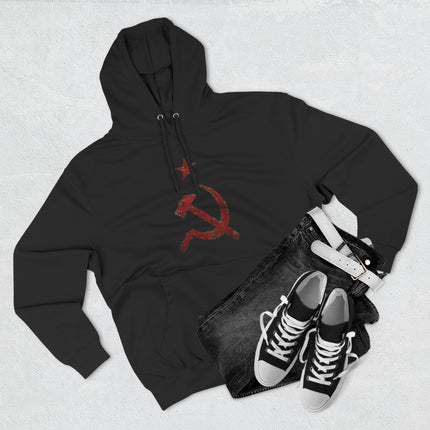 Distressed red hammer and sickle communist symbol on a black pullover hoodie.