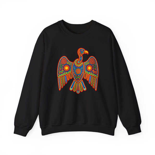 Colorful Huichol condor graphic on black sweatshirt, featuring vibrant Mexican indigenous folk art.