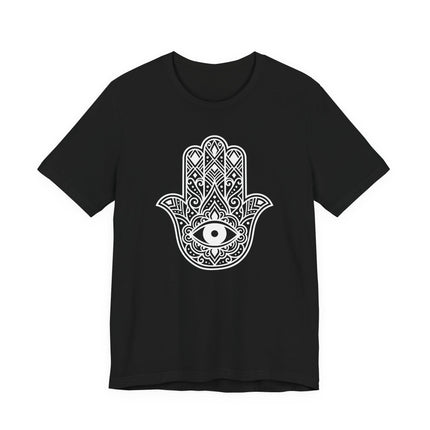 Black t-shirt featuring a white Hamsa hand and evil eye protection symbol graphic.