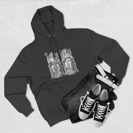 Zeus and Hera Greek Mythology art on a black pullover hoodie.