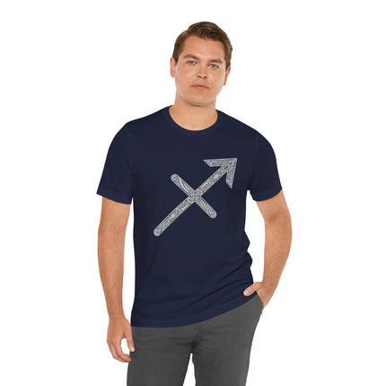 Sagittarius zodiac arrow with Norse knotwork design on a navy tee.