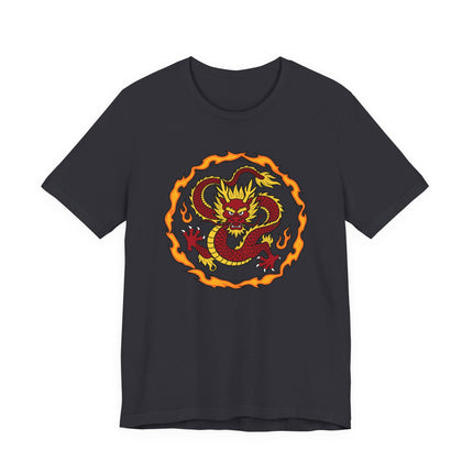 Red Chinese dragon graphic on a dark t-shirt with fiery flames.