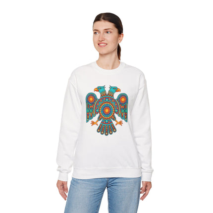 Two-headed eagle graphic on white sweatshirt, featuring vibrant Mexican Huichol indigenous art.