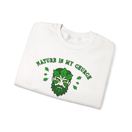 Nature Is My Church sweatshirt featuring a pagan Green Man design and nature leaf accents.