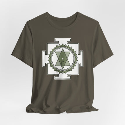 Tripura Sundari Yantra sacred geometry print on a dark spiritual t-shirt.