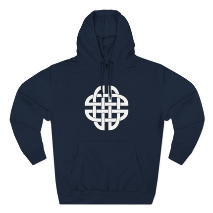 White Celtic knot symbol on a navy blue pullover hoodie.