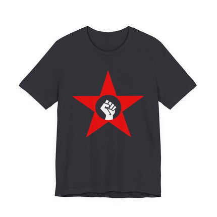 Socialist red star and raised fist graphic tee on a black shirt, symbolizing revolution and solidarity.