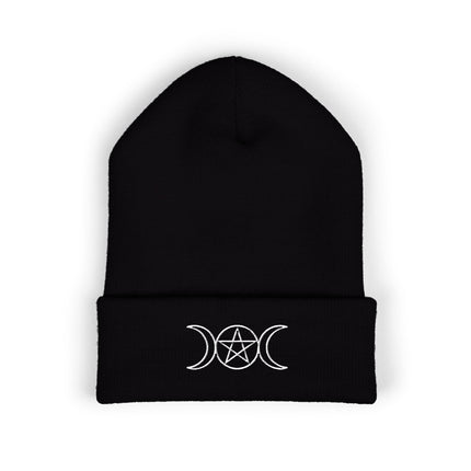 Triple Moon Cuffed Beanie | Embroidered White Crescents and Pentacle