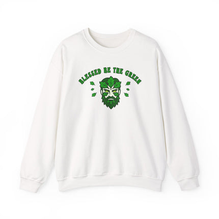 Green Man pagan nature sweatshirt featuring "Blessed Be The Green" text and woodland graphic.