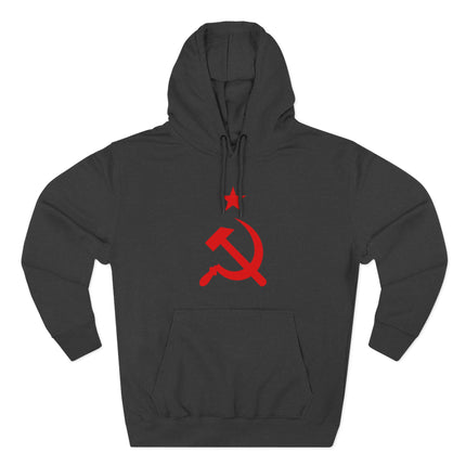 Communist red star and hammer and sickle graphic on a black pullover hoodie.
