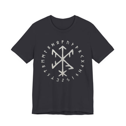 Norse Elder Futhark runes graphic tee featuring a central bind rune symbol.