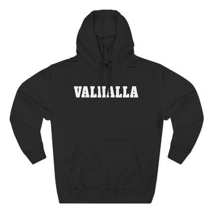 Black pullover hoodie featuring the bold VALHALLA text, Norse mythology apparel.