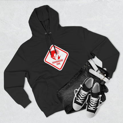 Black graphic hoodie featuring a "Headbanging Zone" sign with devil horns for rock and metal fans.