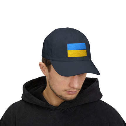 Black baseball cap with embroidered Ukrainian flag design.