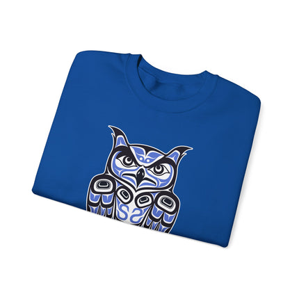 Red and black sweatshirt featuring indigenous Pacific Northwest owl formline art design.