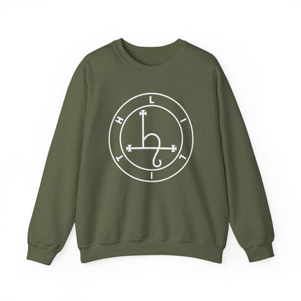 Lilith sigil occult symbol on an olive green unisex sweatshirt.