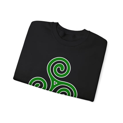 Celtic triskelion spiral knotwork design on a black unisex sweatshirt.