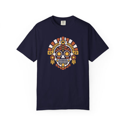 Aztec Mictlan Skull T-Shirt | Geometric Face in Green, Red, and Gold Tee