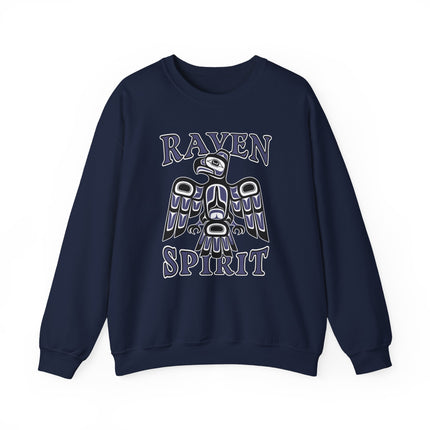 Indigenous Haida art raven graphic with "RAVEN SPIRIT" text on a navy sweatshirt.