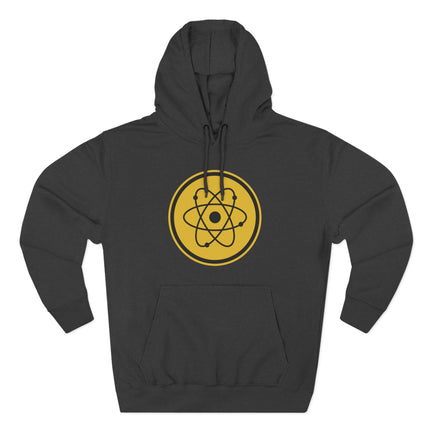 Black hoodie with yellow atomic symbol graphic. Science and physics themed apparel for geeks.
