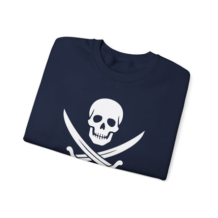 Pirate skull graphic with crossed sabers and "Rum Before Reason" text on a unisex sweatshirt.