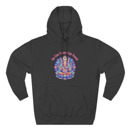 Om Gam Ganapataye Namah Ganesha mandala art on a black spiritual hoodie.