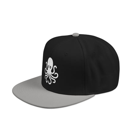 Black snapback cap featuring a white embroidered octopus design.